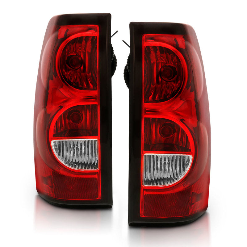 ANZO 2004-2007 Chevy Silverado taillight featuring a red/clear lens and black trim, designed for enhanced visibility and style.