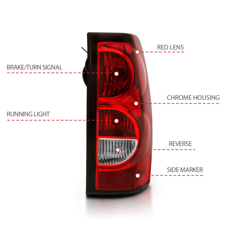 ANZO 2004-2007 Chevy Silverado taillight featuring a red/clear lens and black trim, designed for enhanced visibility and style.