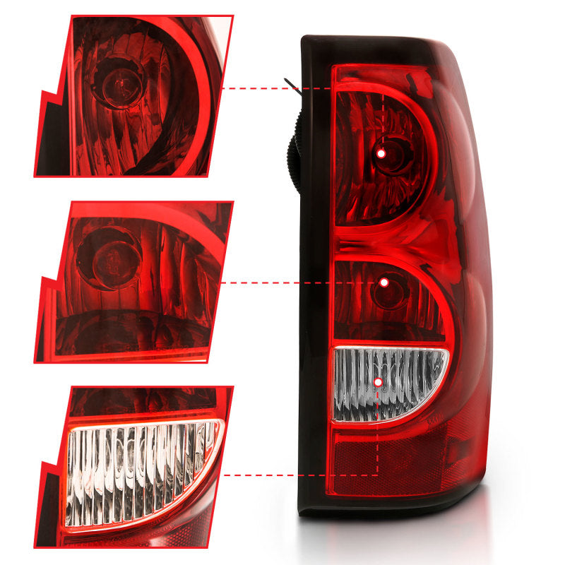 ANZO 2004-2007 Chevy Silverado taillight featuring a red/clear lens and black trim, designed for enhanced visibility and style.