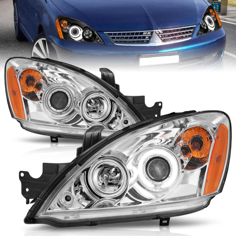 ANZO 2004-2007 Mitsubishi Lancer Projector Headlights with Halo Chrome, showcasing clear lens and chrome housing.