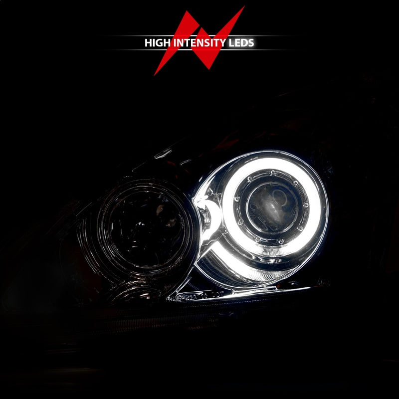 ANZO 2004-2007 Mitsubishi Lancer Projector Headlights with Halo Chrome, showcasing clear lens and chrome housing.