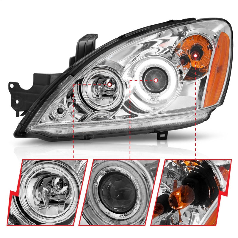 ANZO 2004-2007 Mitsubishi Lancer Projector Headlights with Halo Chrome, showcasing clear lens and chrome housing.