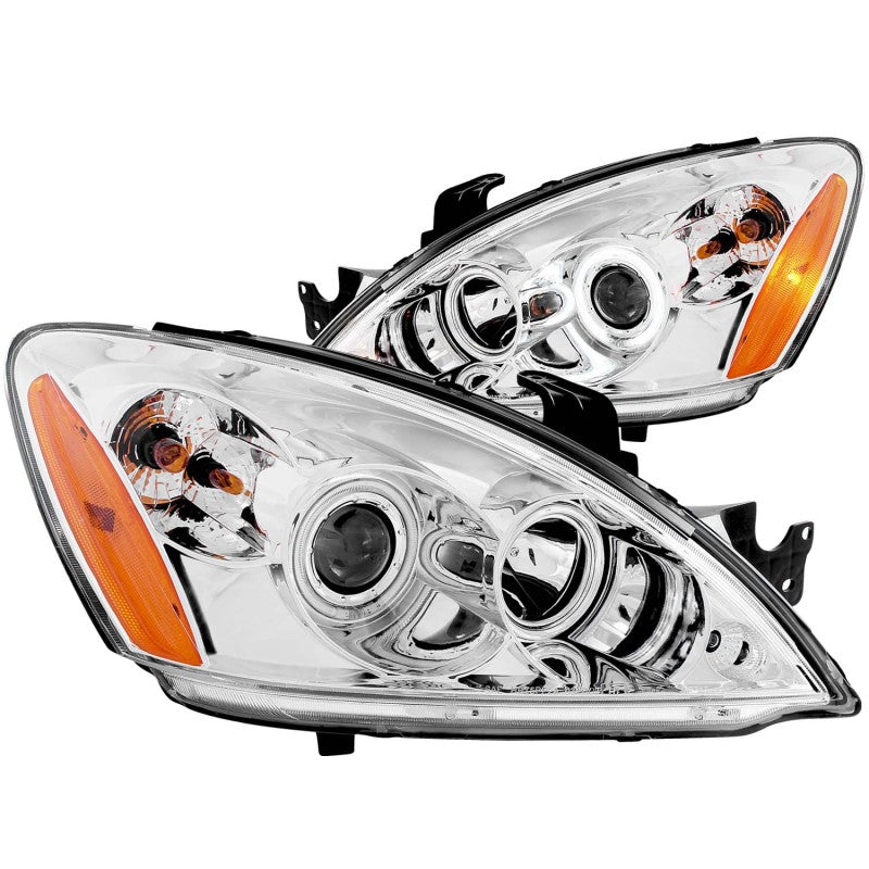 ANZO 2004-2007 Mitsubishi Lancer Projector Headlights with Halo Chrome, showcasing clear lens and chrome housing.