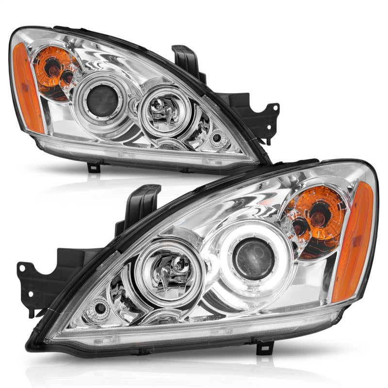 ANZO 2004-2007 Mitsubishi Lancer Projector Headlights with Halo Chrome, showcasing clear lens and chrome housing.