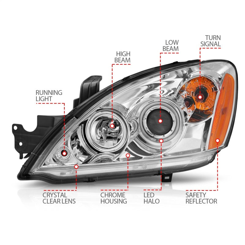 ANZO 2004-2007 Mitsubishi Lancer Projector Headlights with Halo Chrome, showcasing clear lens and chrome housing.