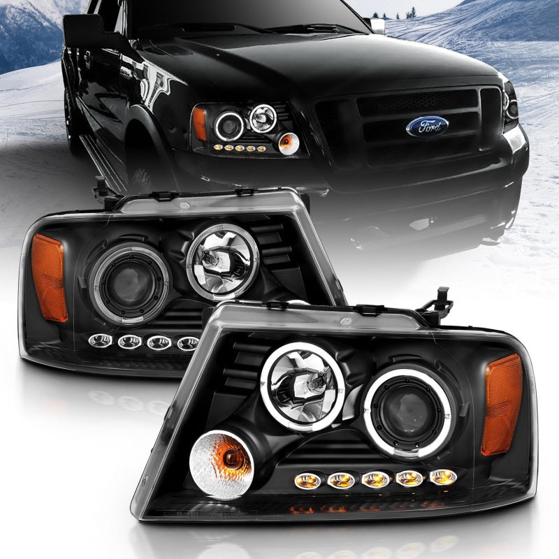 ANZO 2004-2008 Ford F-150 projector headlights featuring halo and LED lights with black housing and clear lens.