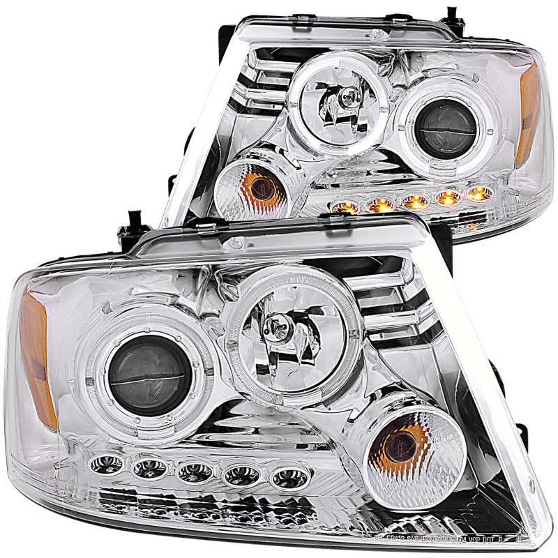 ANZO 2004-2008 Ford F-150 projector headlights featuring halo and LED chrome, showcasing clear lens and chrome housing.