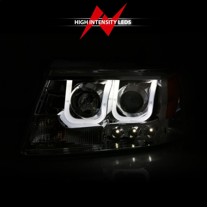 ANZO 2004-2008 Ford F-150 projector headlights with U-Bar chrome housing, showcasing clear lens and modern design.