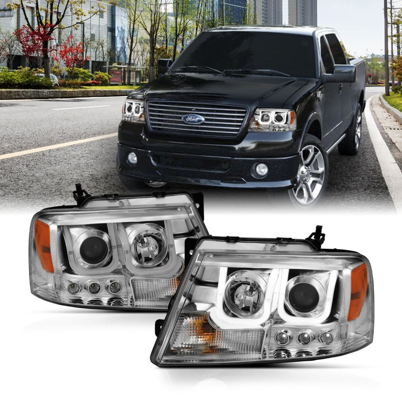 ANZO 2004-2008 Ford F-150 projector headlights with U-Bar chrome housing, showcasing clear lens and modern design.