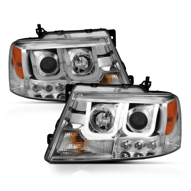 ANZO 2004-2008 Ford F-150 projector headlights with U-Bar chrome housing, showcasing clear lens and modern design.