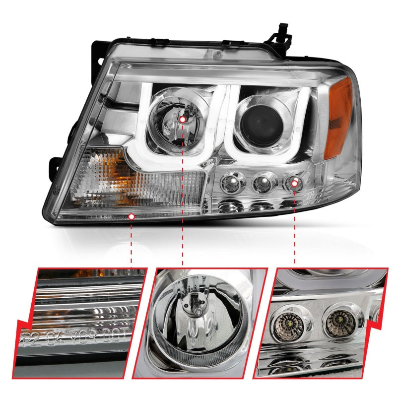 ANZO 2004-2008 Ford F-150 projector headlights with U-Bar chrome housing, showcasing clear lens and modern design.