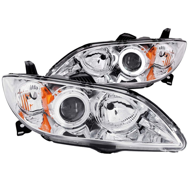 ANZO 2004-2008 Mazda 3 projector headlights with chrome housing and halos, showcasing clear lens design.