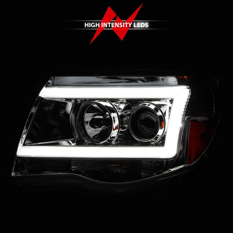 ANZO 2005-2011 Toyota Tacoma Projector Headlights with Light Bar in chrome finish, showcasing modern design and powerful illumination.