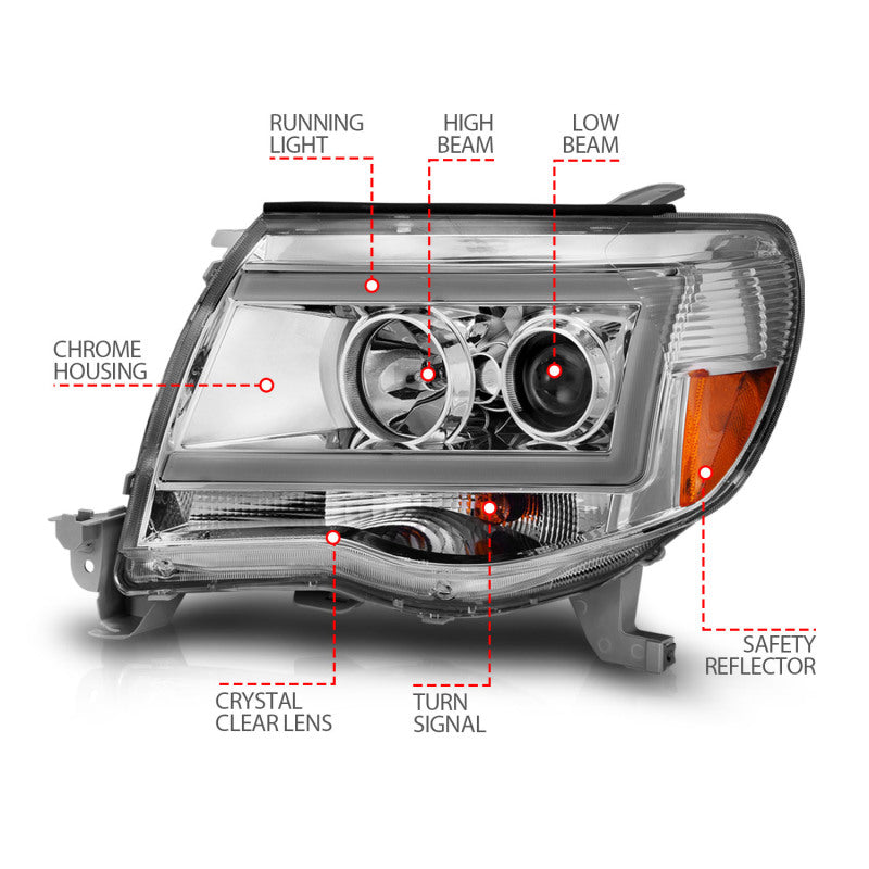 ANZO 2005-2011 Toyota Tacoma Projector Headlights with Light Bar in chrome finish, showcasing modern design and powerful illumination.