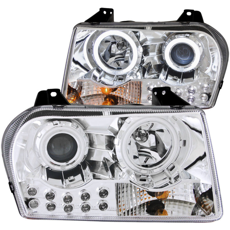 ANZO 2005-2010 Chrysler 300 Projector Headlights with Halo Chrome, featuring clear lens and chrome housing for enhanced visibility and style.