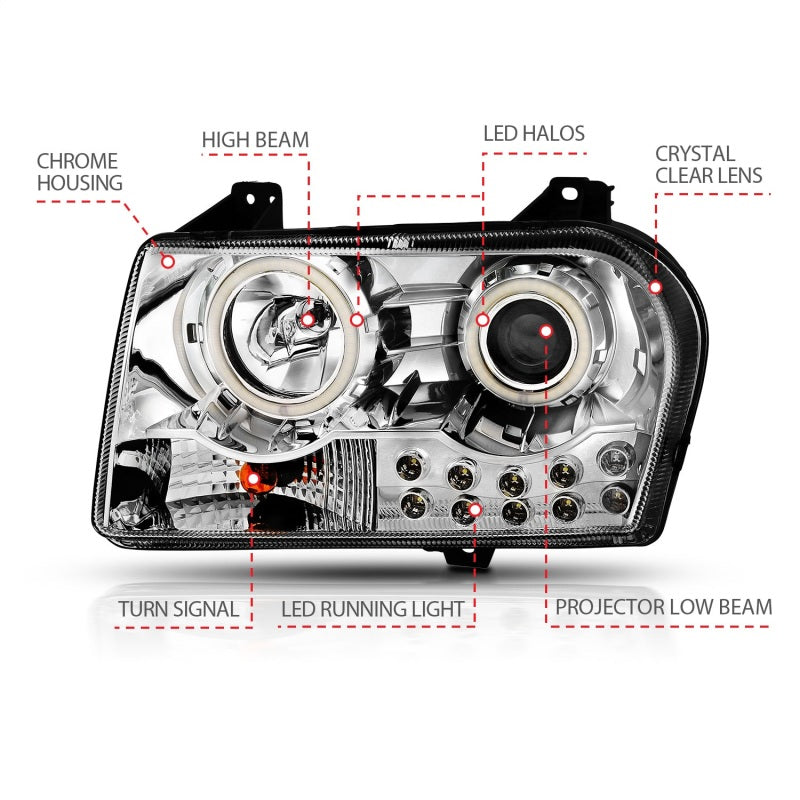 ANZO 2005-2010 Chrysler 300 Projector Headlights with Halo Chrome, featuring clear lens and chrome housing for enhanced visibility and style.