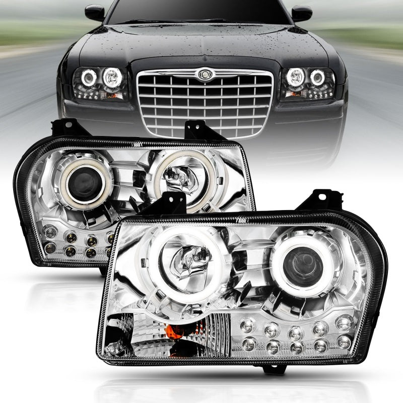 ANZO 2005-2010 Chrysler 300 Projector Headlights with Halo Chrome, featuring clear lens and chrome housing for enhanced visibility and style.