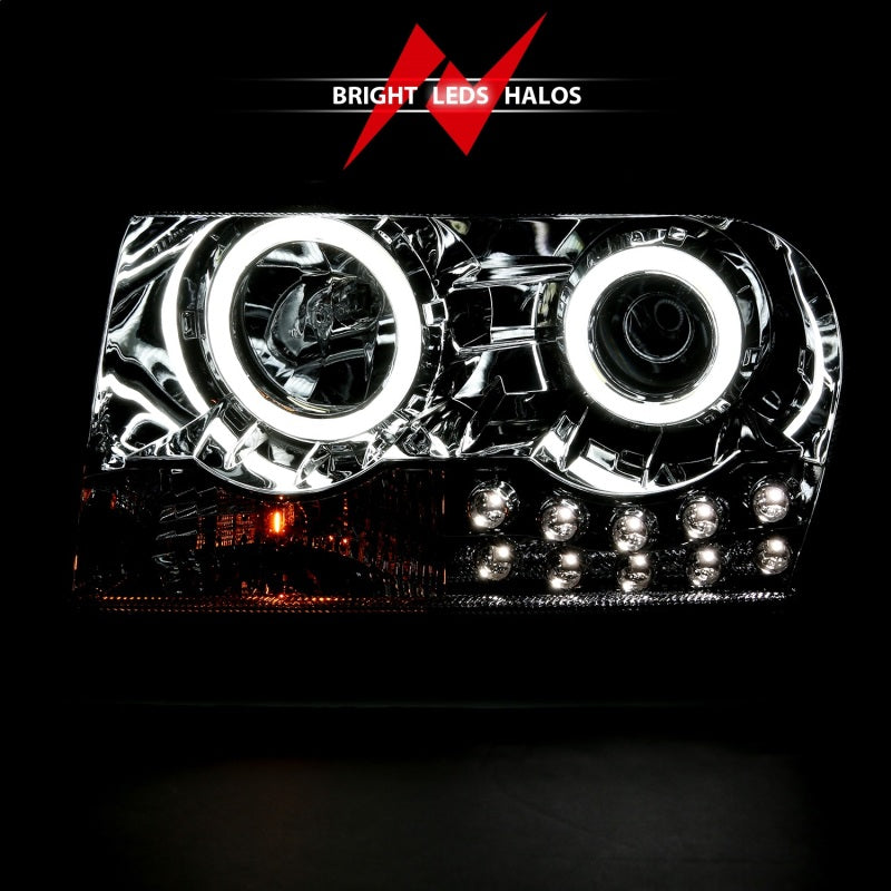 ANZO 2005-2010 Chrysler 300 Projector Headlights with Halo Chrome, featuring clear lens and chrome housing for enhanced visibility and style.