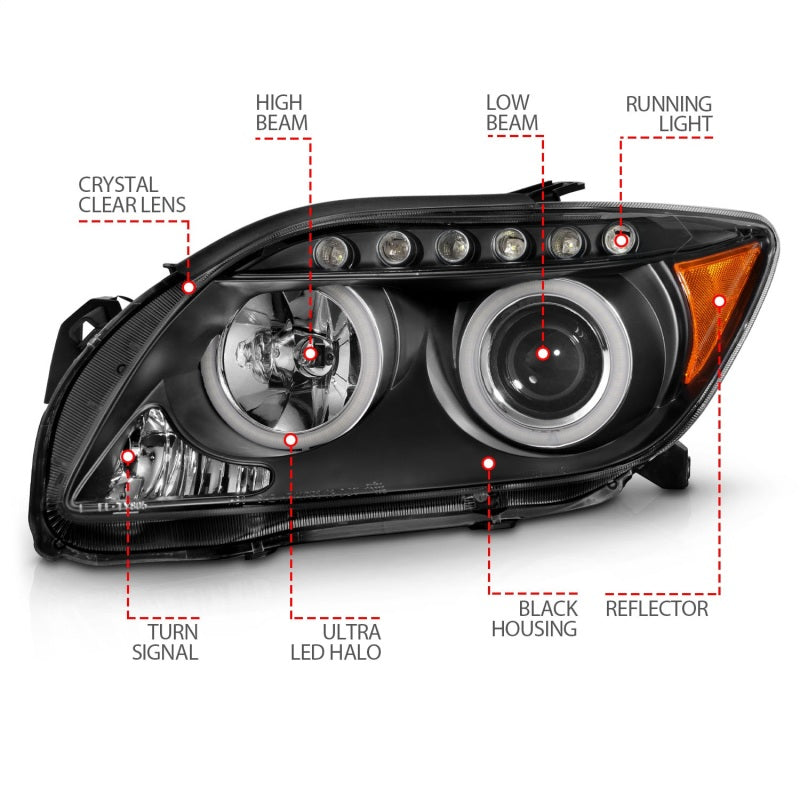 ANZO 2005-2010 Scion tC projector headlights with black housing and halo CCFL rings, showcasing modern automotive lighting design.