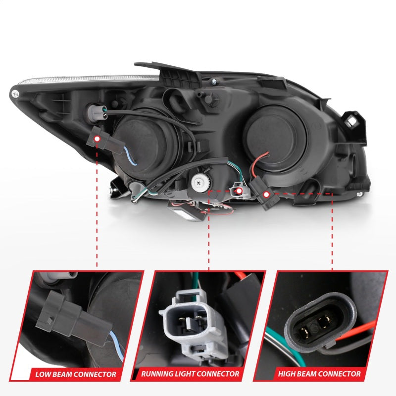 ANZO 2005-2010 Scion tC projector headlights with black housing and halo CCFL rings, showcasing modern automotive lighting design.