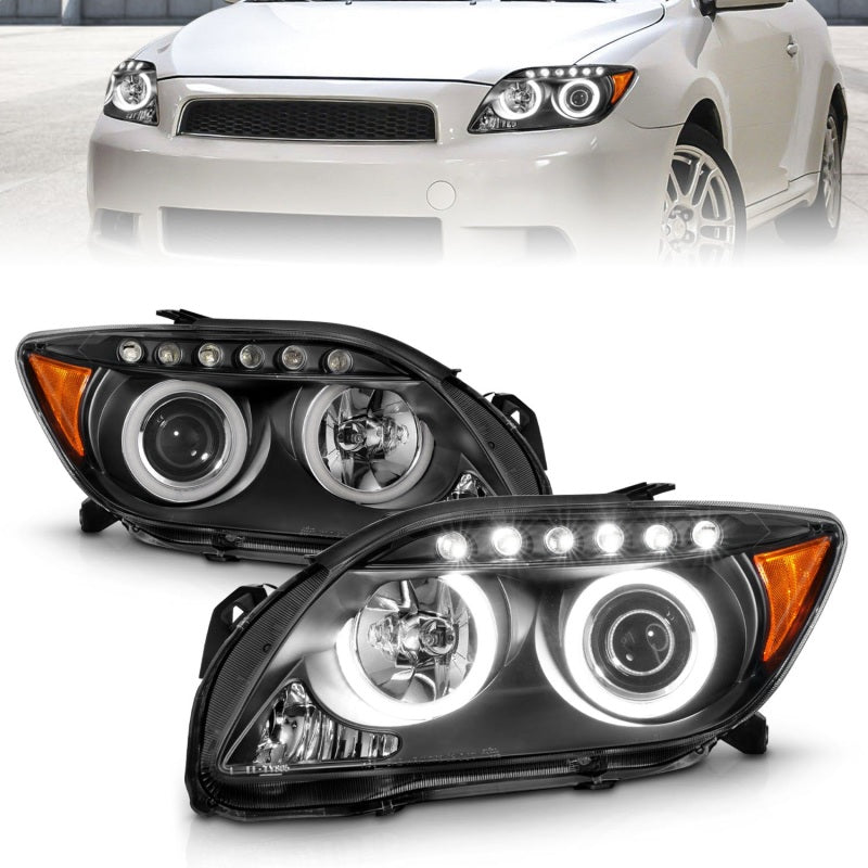 ANZO 2005-2010 Scion tC projector headlights with black housing and halo CCFL rings, showcasing modern automotive lighting design.