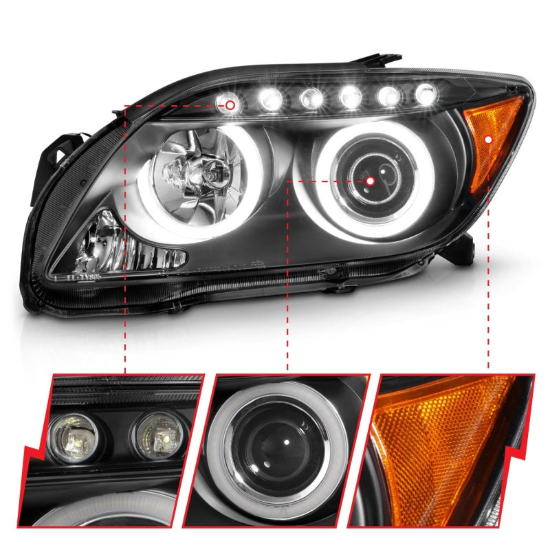 ANZO 2005-2010 Scion tC projector headlights with black housing and halo CCFL rings, showcasing modern automotive lighting design.