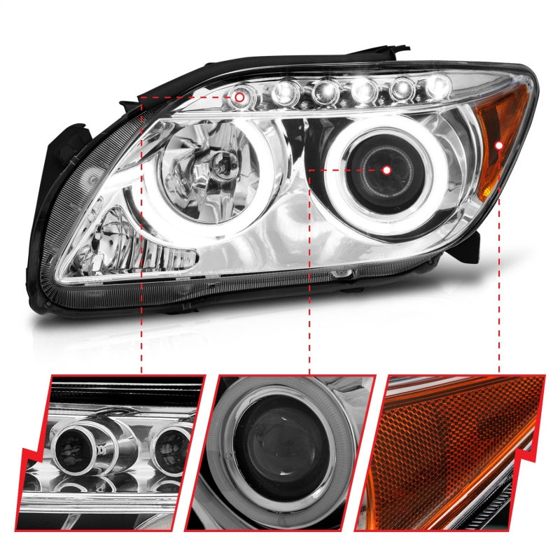 ANZO 2005-2010 Scion tC Projector Headlights with Halo Chrome, featuring clear lens and chrome housing for enhanced visibility and style.