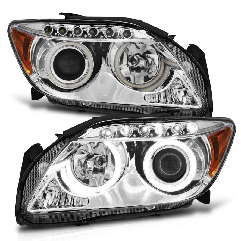 ANZO 2005-2010 Scion tC Projector Headlights with Halo Chrome, featuring clear lens and chrome housing for enhanced visibility and style.