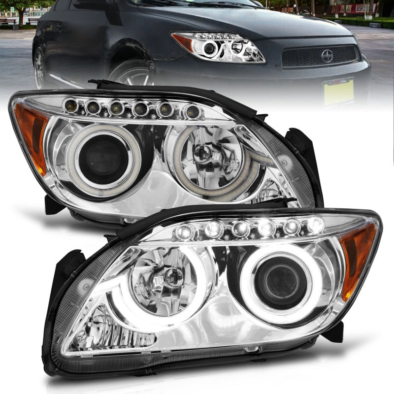 ANZO 2005-2010 Scion tC Projector Headlights with Halo Chrome, featuring clear lens and chrome housing for enhanced visibility and style.