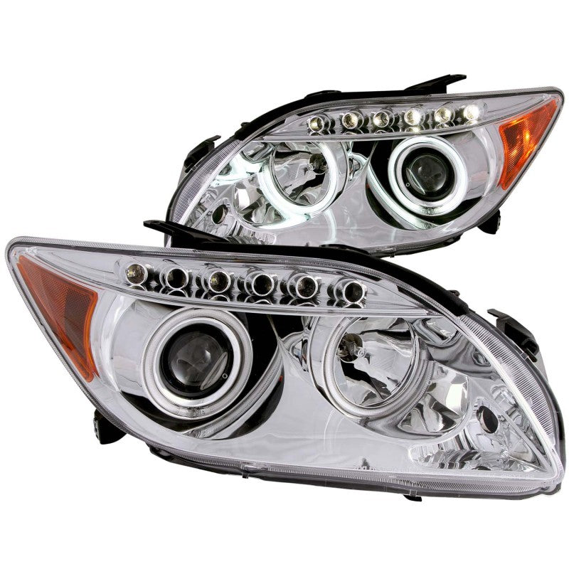 ANZO 2005-2010 Scion tC Projector Headlights with Halo Chrome, featuring clear lens and chrome housing for enhanced visibility and style.