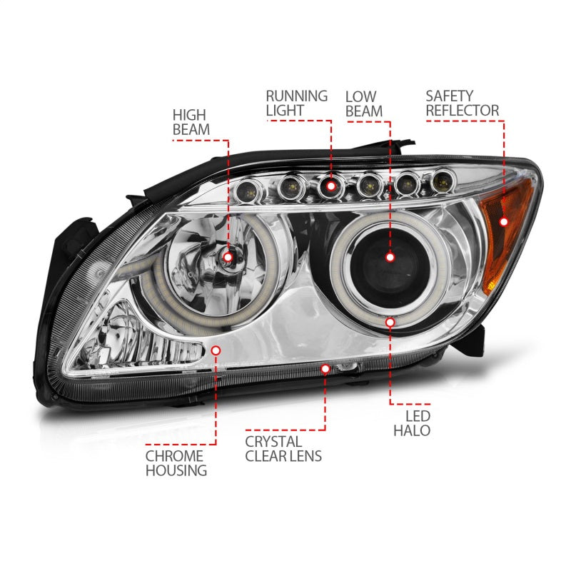 ANZO 2005-2010 Scion tC Projector Headlights with Halo Chrome, featuring clear lens and chrome housing for enhanced visibility and style.