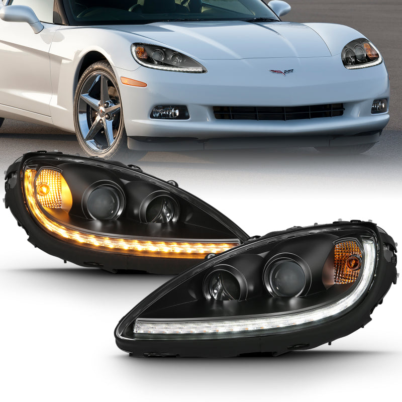 ANZO 2005-2013 Chevy Corvette Projector Headlight Set with Halo, featuring clear lens and black housing.