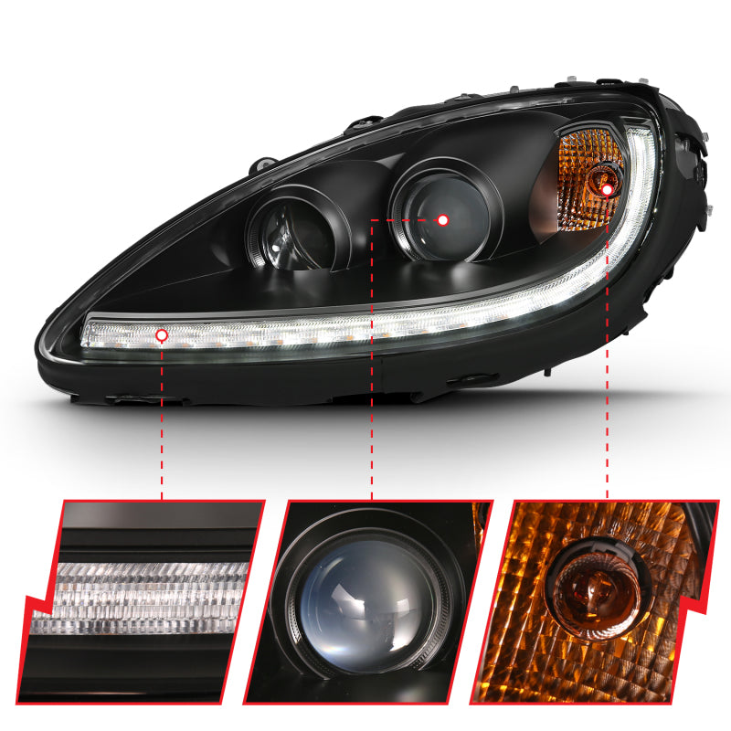 ANZO 2005-2013 Chevy Corvette Projector Headlight Set with Halo, featuring clear lens and black housing.