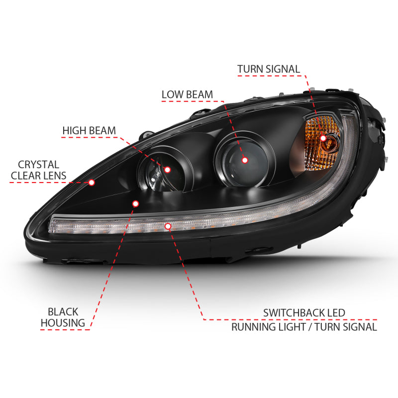 ANZO 2005-2013 Chevy Corvette Projector Headlight Set with Halo, featuring clear lens and black housing.