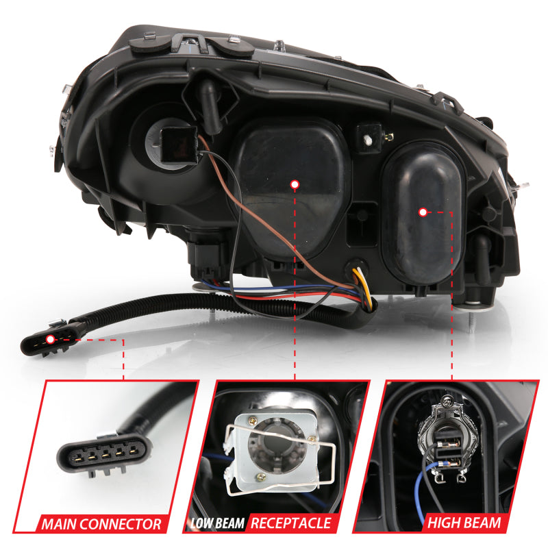 ANZO 2005-2013 Chevy Corvette Projector Headlight Set with Halo, featuring clear lens and black housing.