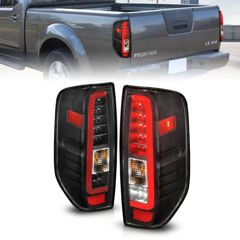 ANZO 2005-2021 Nissan Frontier LED taillights featuring black housing and clear lens, designed for enhanced visibility and style.