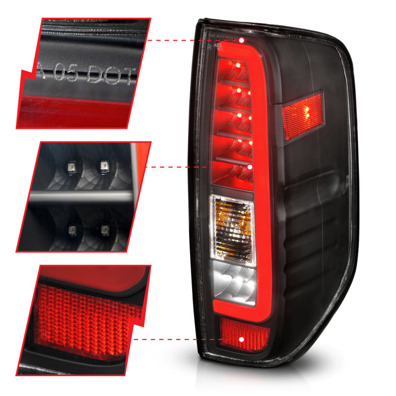 ANZO 2005-2021 Nissan Frontier LED taillights featuring black housing and clear lens, designed for enhanced visibility and style.