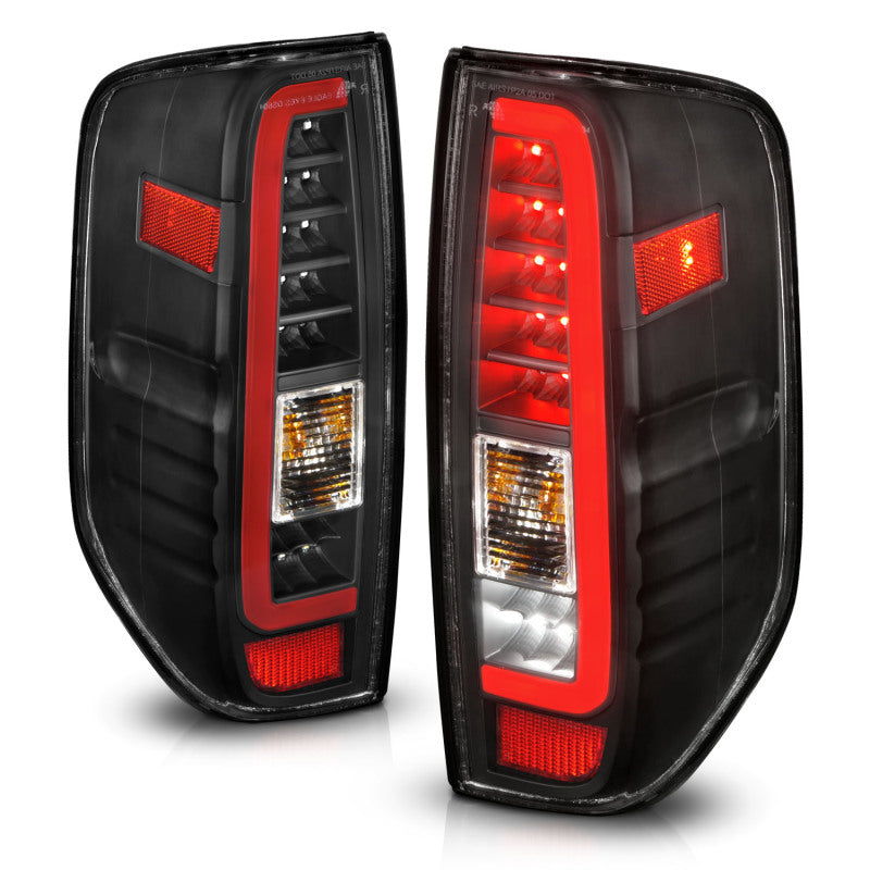 ANZO 2005-2021 Nissan Frontier LED taillights featuring black housing and clear lens, designed for enhanced visibility and style.