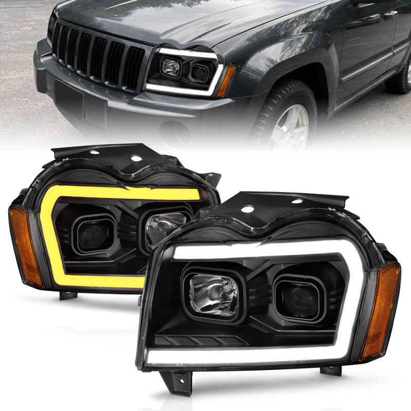 ANZO 2005-2007 Jeep Grand Cherokee Projector Headlights with Light Bar S showcasing modern design and powerful illumination.