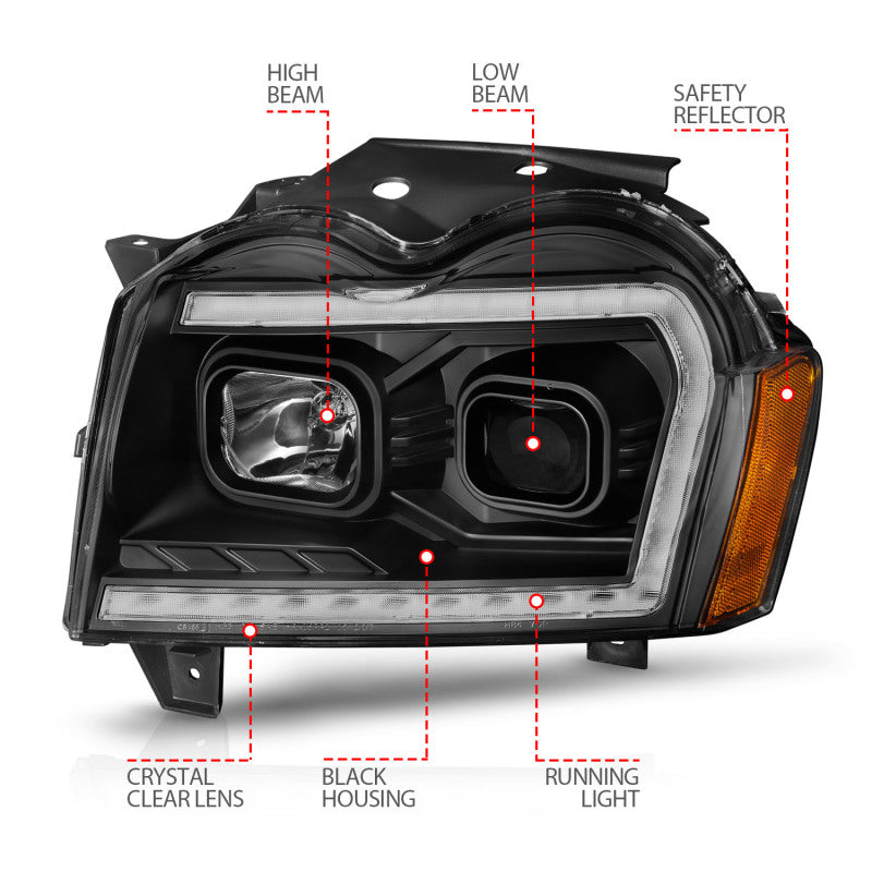 ANZO 2005-2007 Jeep Grand Cherokee Projector Headlights with Light Bar S showcasing modern design and powerful illumination.