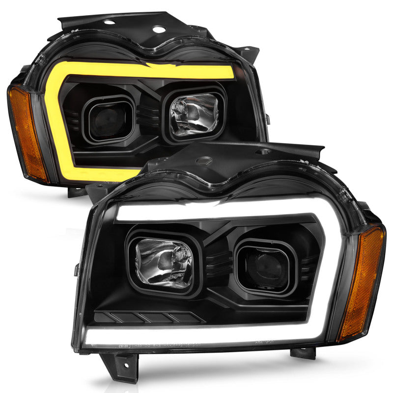 ANZO 2005-2007 Jeep Grand Cherokee Projector Headlights with Light Bar S showcasing modern design and powerful illumination.