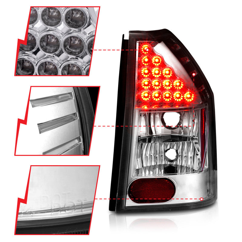 ANZO LED taillights for 2005-2008 Dodge Magnum with chrome housing and clear lens.