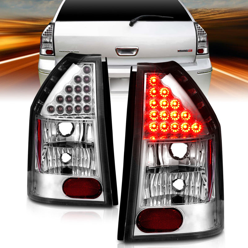 ANZO LED taillights for 2005-2008 Dodge Magnum with chrome housing and clear lens.