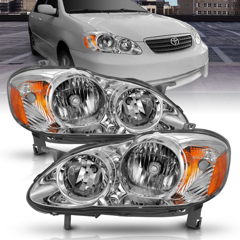 ANZO Crystal Headlight set for 2005-2008 Toyota Corolla featuring clear lens and chrome housing.