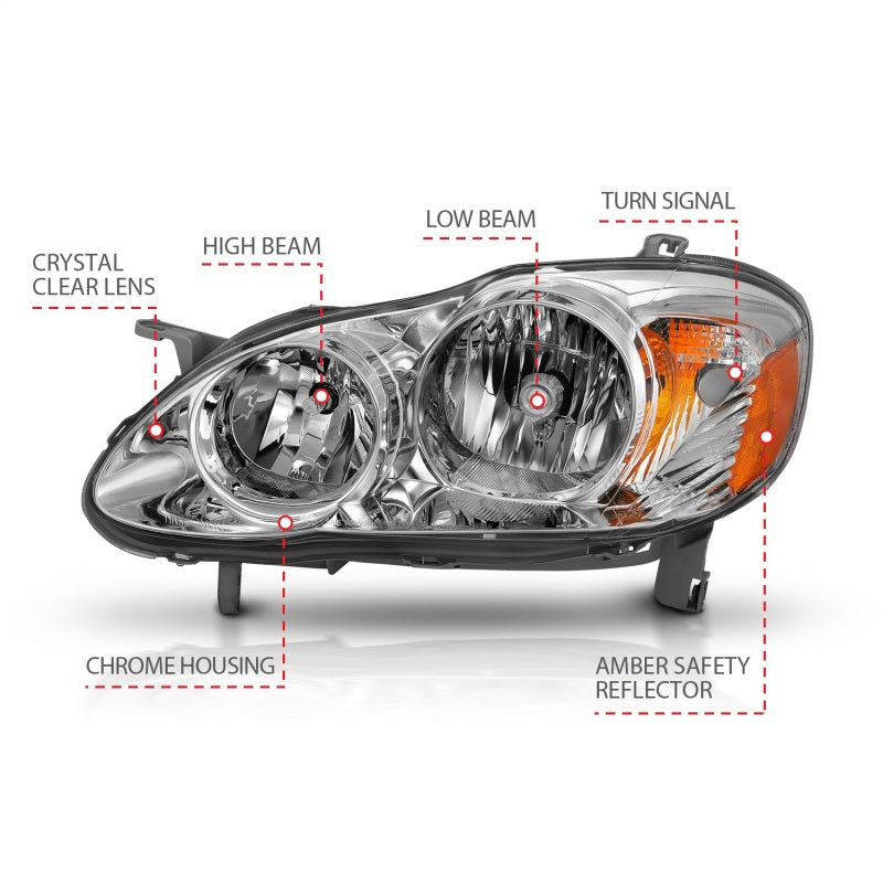 ANZO Crystal Headlight set for 2005-2008 Toyota Corolla featuring clear lens and chrome housing.