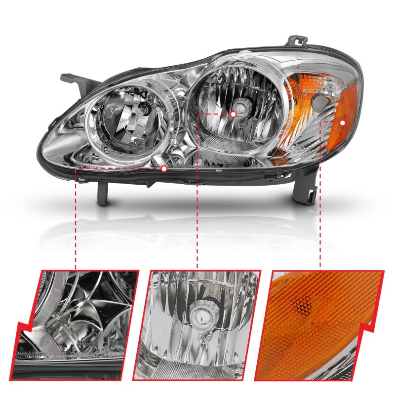 ANZO Crystal Headlight set for 2005-2008 Toyota Corolla featuring clear lens and chrome housing.