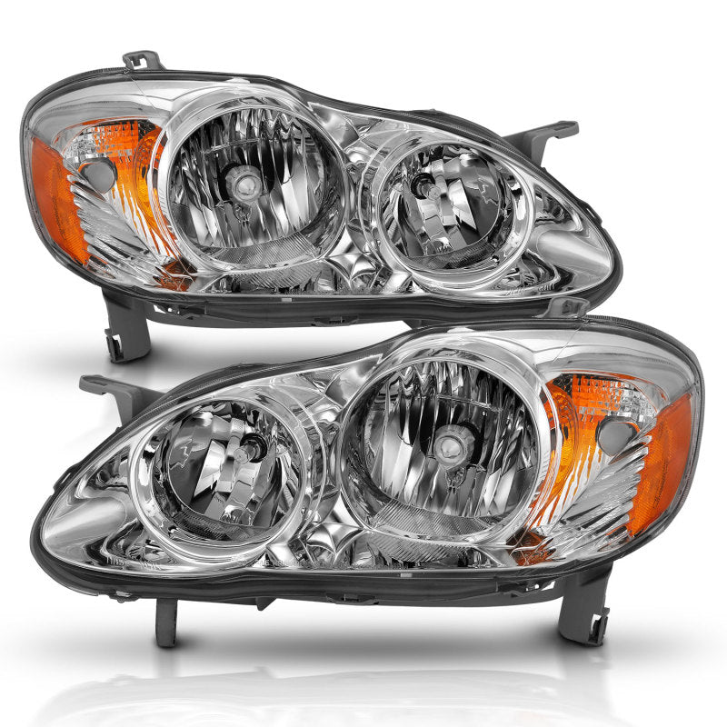 ANZO Crystal Headlight set for 2005-2008 Toyota Corolla featuring clear lens and chrome housing.