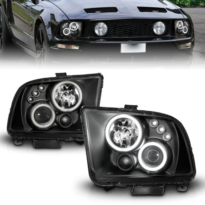 ANZO 2005-2009 Ford Mustang projector headlights with halo black design, showcasing clear lens and black housing.