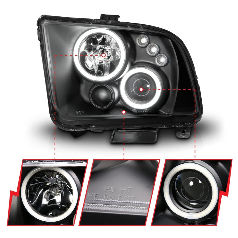 ANZO 2005-2009 Ford Mustang projector headlights with halo black design, showcasing clear lens and black housing.