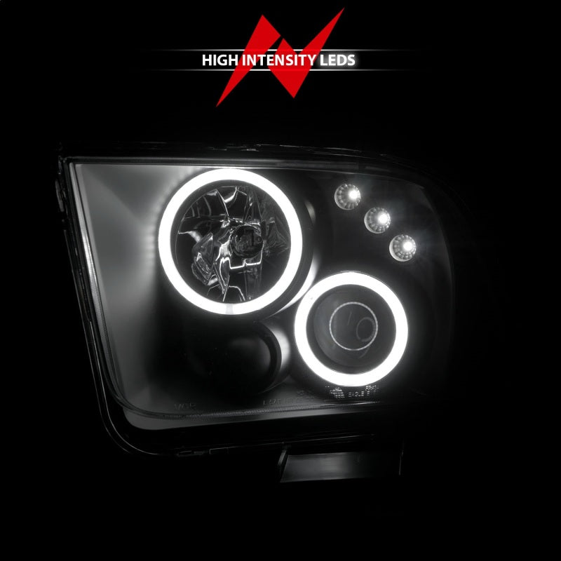 ANZO 2005-2009 Ford Mustang projector headlights with halo black design, showcasing clear lens and black housing.